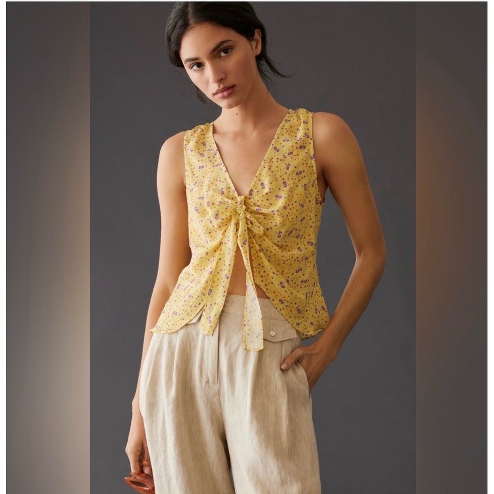 Favorite Daughter 100% Silk Yellow Floral Tie Front Romantic Boho Blouse Medium